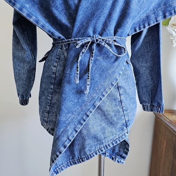 90s Madein Dark Wash Denim Avant Garde Dramatic Shawl Collar Hooded Wrap Jacket - Picture 6 of 16